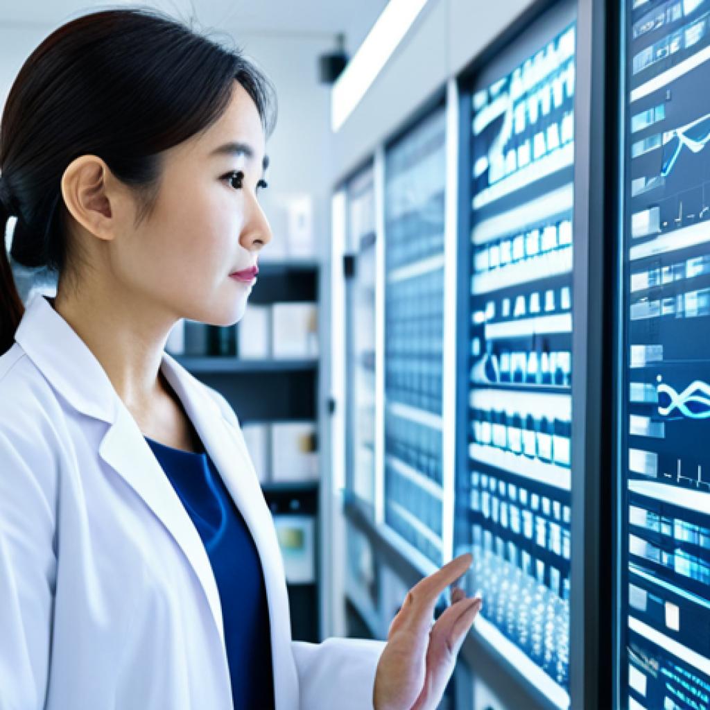A thoughtful East Asian professional woman in a crisp, modest lab coat, standing in a futuristic, brightly lit clean laboratory. She is observing abstract holographic visual data representing genetic sequences and cellular structures related to skin aging, showing concepts like collagen and elastin loss, oxidation, and glycation at a cellular level. The atmosphere is intellectual and calm. Fully clothed, appropriate attire, modest clothing, perfect anatomy, correct proportions, natural pose, well-formed hands, proper finger count, natural body proportions, professional photography, high quality, safe for work, appropriate content, professional.