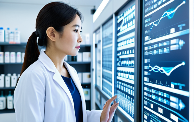 A thoughtful East Asian professional woman in a crisp, modest lab coat, standing in a futuristic, brightly lit clean laboratory. She is observing abstract holographic visual data representing genetic sequences and cellular structures related to skin aging, showing concepts like collagen and elastin loss, oxidation, and glycation at a cellular level. The atmosphere is intellectual and calm. Fully clothed, appropriate attire, modest clothing, perfect anatomy, correct proportions, natural pose, well-formed hands, proper finger count, natural body proportions, professional photography, high quality, safe for work, appropriate content, professional.