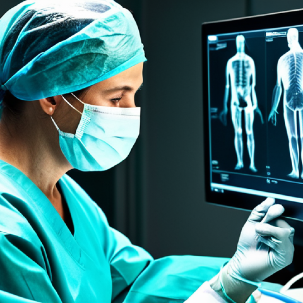 A professional doctor in a sterile operating room, reviewing X-ray images of a jaw, fully clothed in surgical scrubs, safe for work, appropriate content, perfect anatomy of medical models, professional medical setting, high quality.