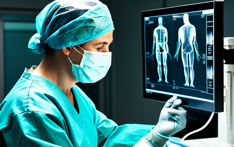 A professional doctor in a sterile operating room, reviewing X-ray images of a jaw, fully clothed in surgical scrubs, safe for work, appropriate content, perfect anatomy of medical models, professional medical setting, high quality.