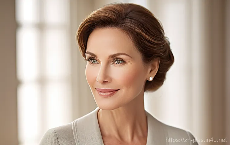 얼굴 전체 리프팅 후기 - A sophisticated woman in her late 40s to early 50s, exuding quiet confidence and natural elegance. H...